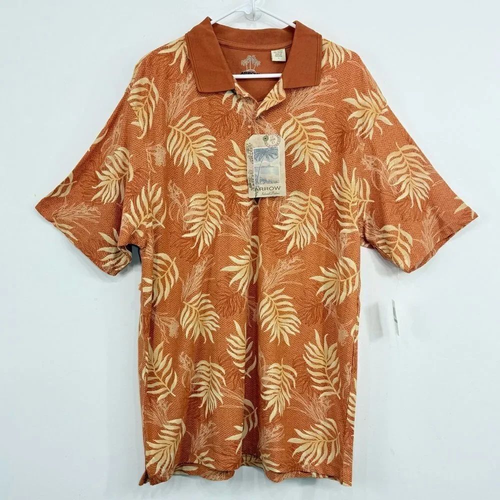 Arrow Island Palm Print Orange Cream Quarter Button Polo Shirt NEW